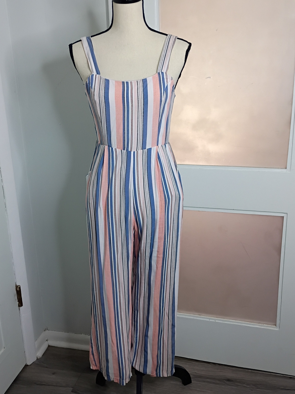 &Merci Striped Pink & Blue Semi Open Back Sleeveless Jumpsuit With Pockets